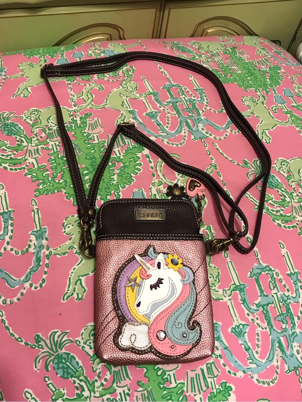 Chala Pink and Brown Vegan Unicorn convertible Crossbody Cellphone Bag